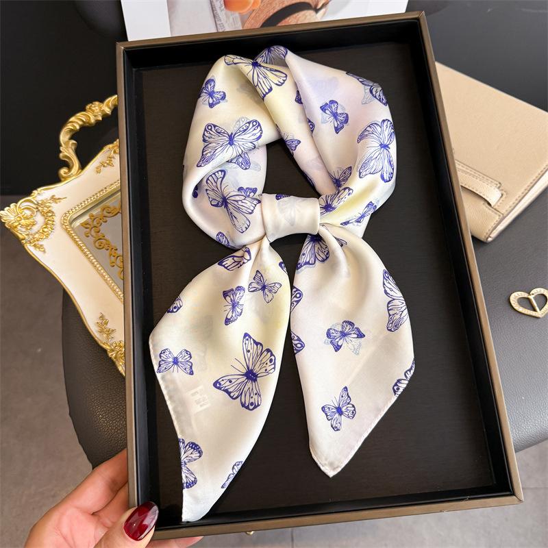 Luxury Butterfly Print Soft Silk Square Scarf Women Satin Kerchief Neckerchief Head Hijab Lady Headband Tie Bag Ribbon