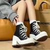 Women Retro New Canvas Platform Elevated Shoes Thick Heel High Top Round Toe Waterproof Casual Sneakers with Thin Buckle Strap