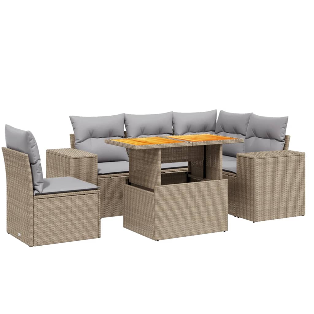 6 piece Garden Sofa Set with Cushions Beige Poly Rattan