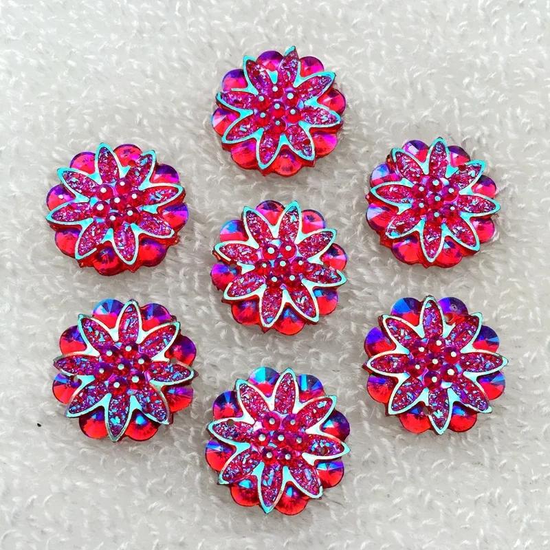 20pcs 18mm Round Flower AB Resin Crystal Strass Applique and 2 Holes Buttons for Diy Clothing - HA27
