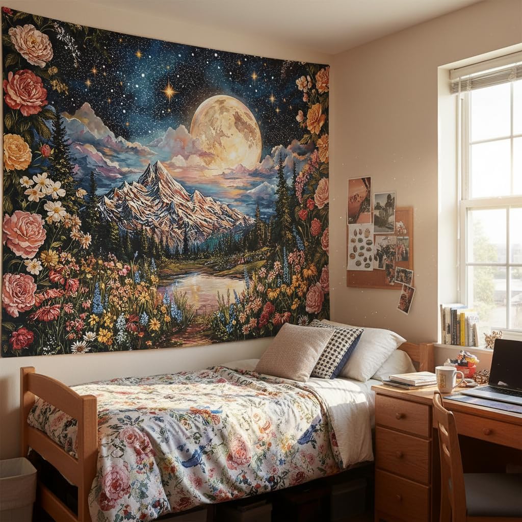 AMM Vintage Moon Floral Forest Mountain Tapestry 80x60 Inch