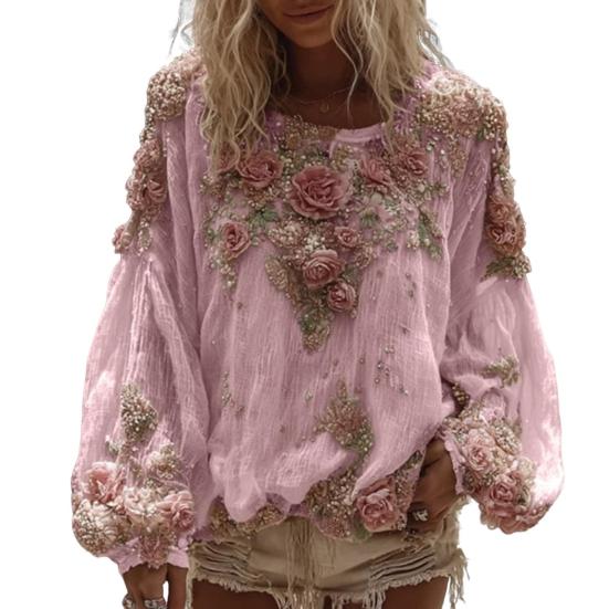 Women Tops V-Neck Lantern Long Sleeve Casual Loose Fit Shirt 3D Flower Pattern Casual Women Shirt Daily Wear
