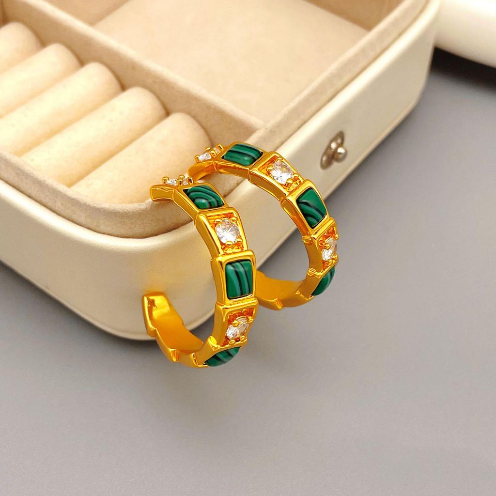 Винтажные европейские и американские серьги-каффы из малахита в форме буквы С: Роскошные ювелирные изделия класса люкс для женщин