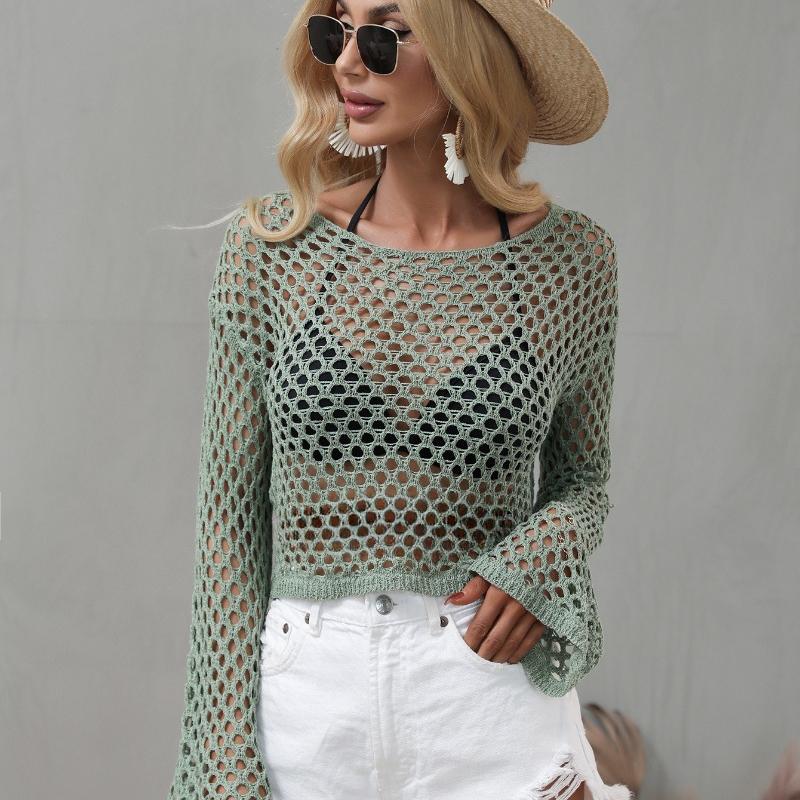 Летняя свободная трикотажная блузка с открытыми плечами, женские повседневные рубашки с расклешенными рукавами и круглым вырезом для женщин, модные элегантные однотонные укороченные топы 24123