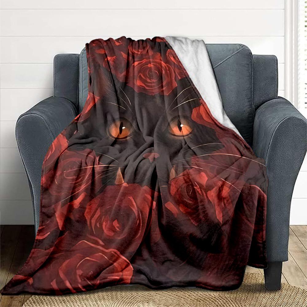 1PC Black Cat Roses Blanket, Throw For Sofa, Bed, Travel, Camping, Livingroom, And Bed, Printing Blanket With Soft And Warm Fabric yy250918202
