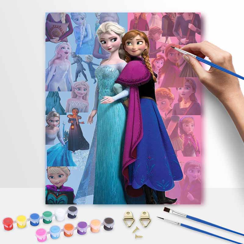 Disney Oil Painting DIY Digital Painting Elsa and Anna Princess HandPainted Wall Art for Living Room and Entryway Decoration.