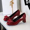 6291-H87 Французский темперамент лакированная кожа бант средний каблук квадратный носок легкий рот толстый каблук одинарные туфли женские удобные универсальные женские туфли
