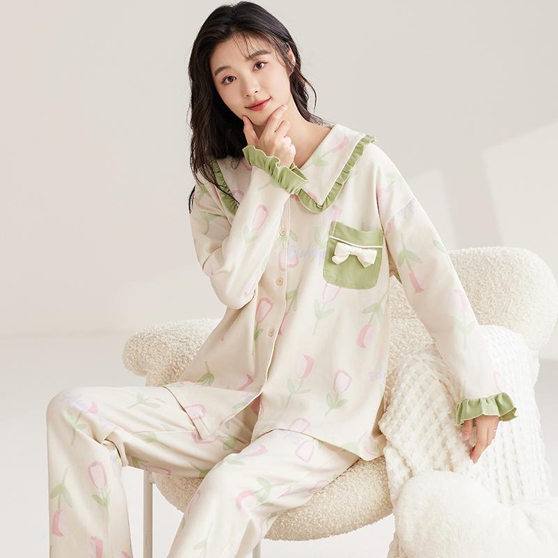 Женский хлопковый пижамный комплект осень-зима с отложным воротником, симпатичная пижама в стиле принцессы, женская домашняя одежда с длинным рукавом
