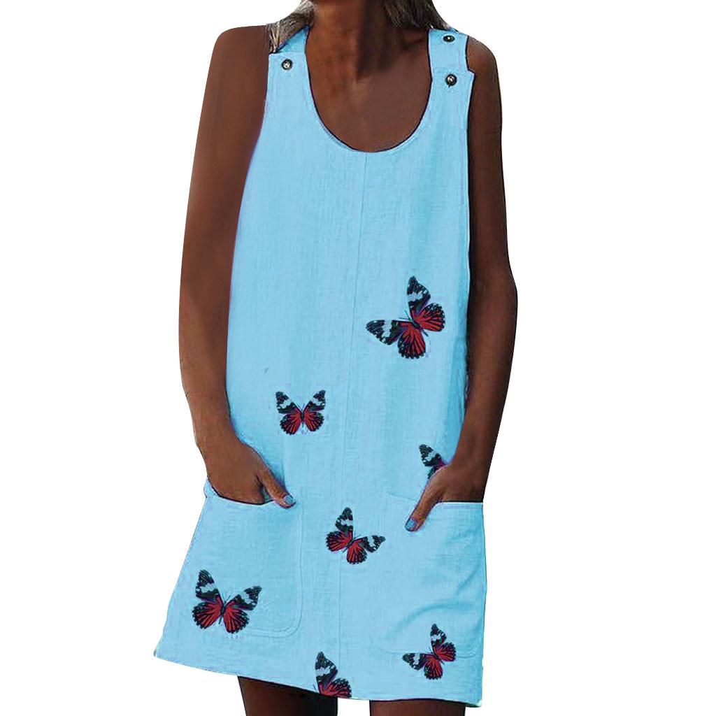 Sleeveless Butterfly Clasp Shoulder Women Print Cotton And Linen Dress