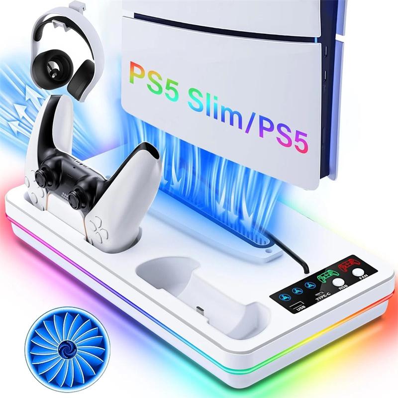 Подставка для PS5/PS5 Slim с системой охлаждения, Стойка для охлаждения PS5 с двойной зарядной станцией для контроллеров Playstation 5