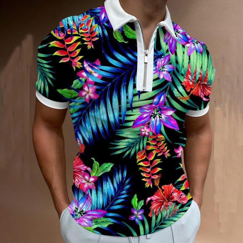 Мужская футболка-поло на молнии 3D, принт на лацкане, пуловер с коротким рукавом, повседневная одежда