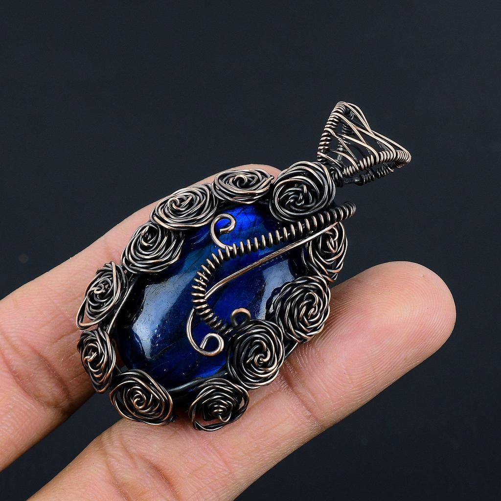 Подвеска ручной работы из лабрадорита с голубым отблеском, украшения из натуральных драгоценных камней, подвеска, обернутая медной проволокой 999 пробы, для подарка