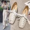 Individualized Street Style Lace Up Shoes Women's Square Toe Flat Heel Women's Light Solid Leather Shoes