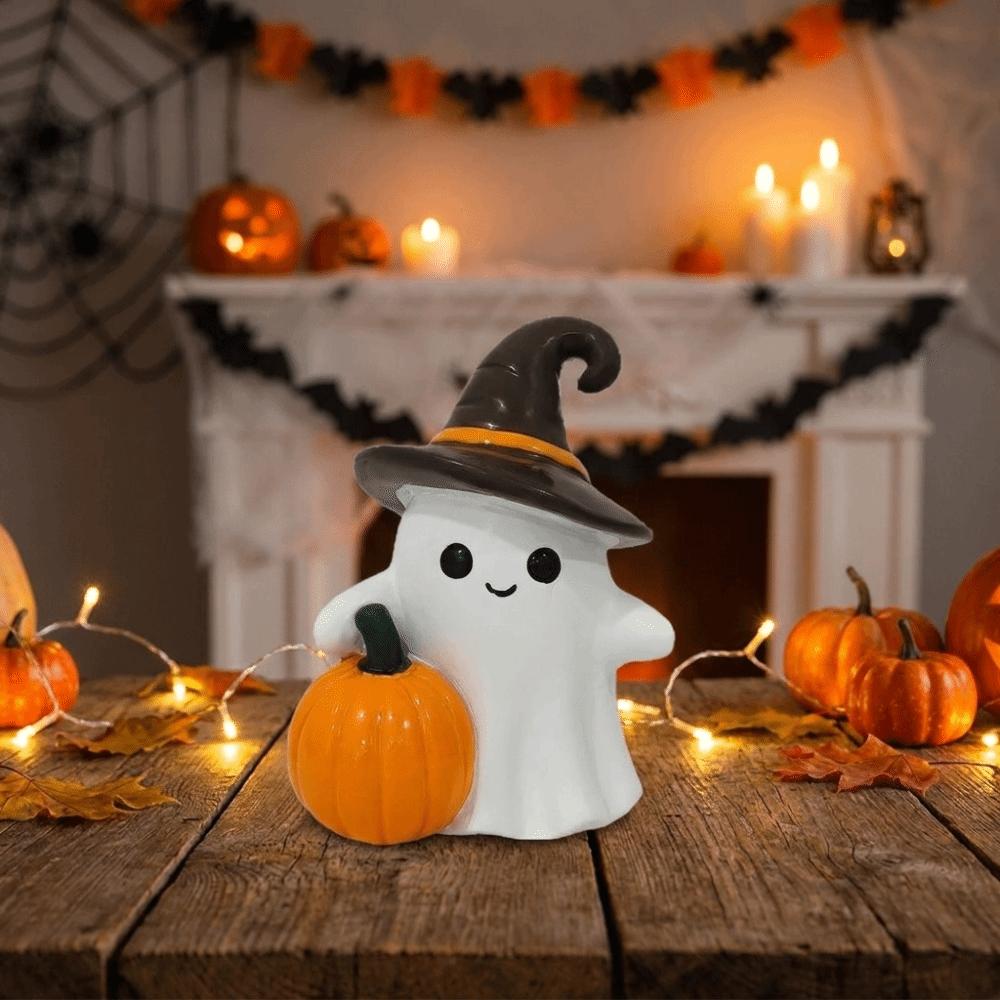 Cute Halloween Ghost Statue Resin Ghost Art Sculpture Ghost Pumpkin Statue Desktop