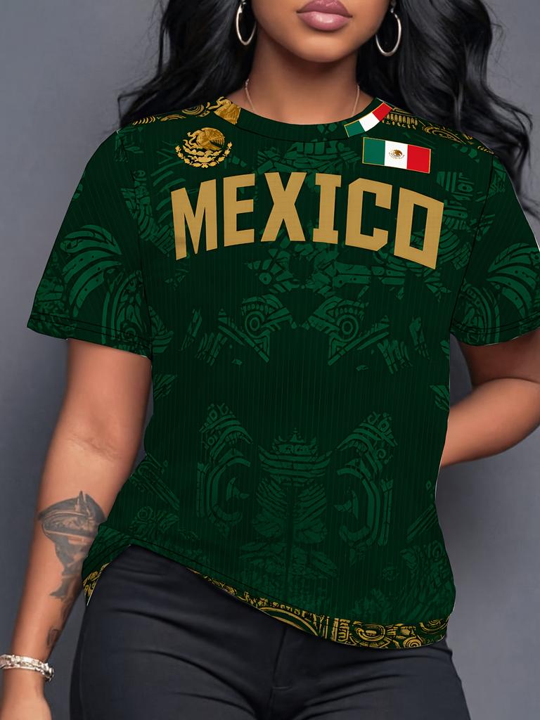 Women's Mexico Print Summer Graphic Tee Jerseys Plus Size Sport T-Shirt V-Neck Short Sleeve T-Shirt