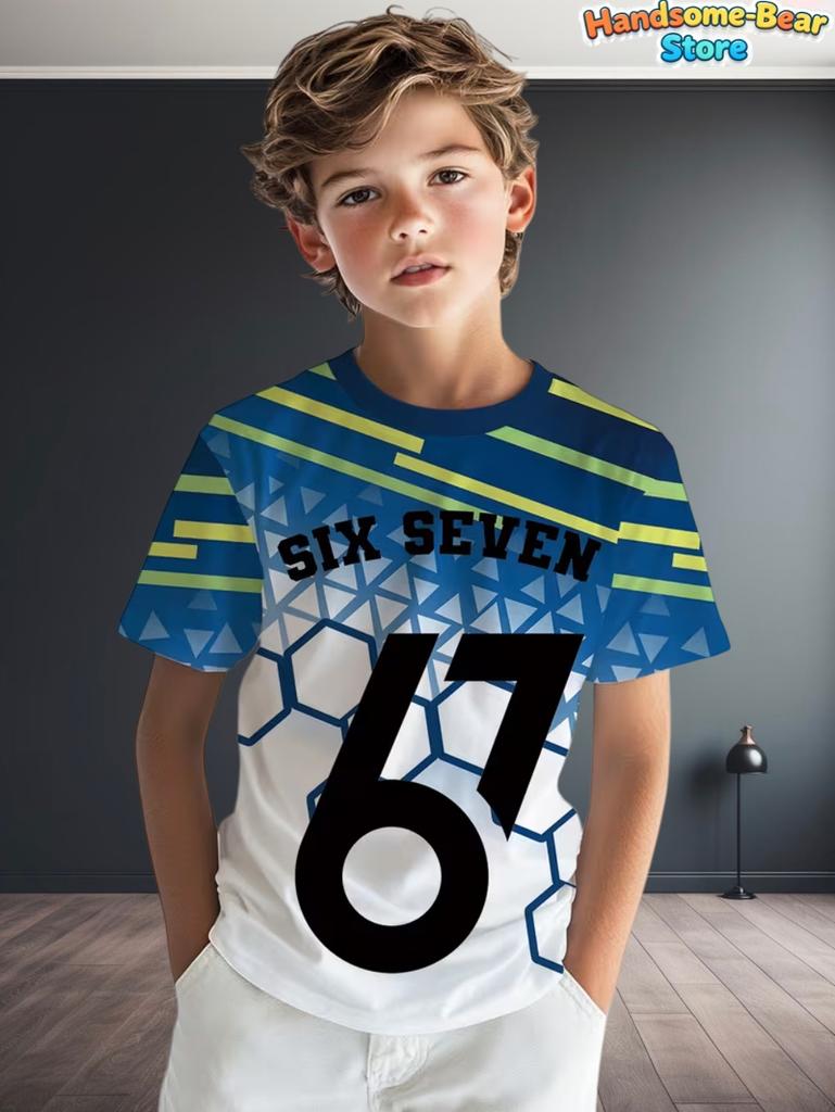 67 Мемная футболка для детей, смешная цифра 67, цифровая 3D-печать, футболка в стиле футбольной майки, свободный стиль майки, модная детская одежда