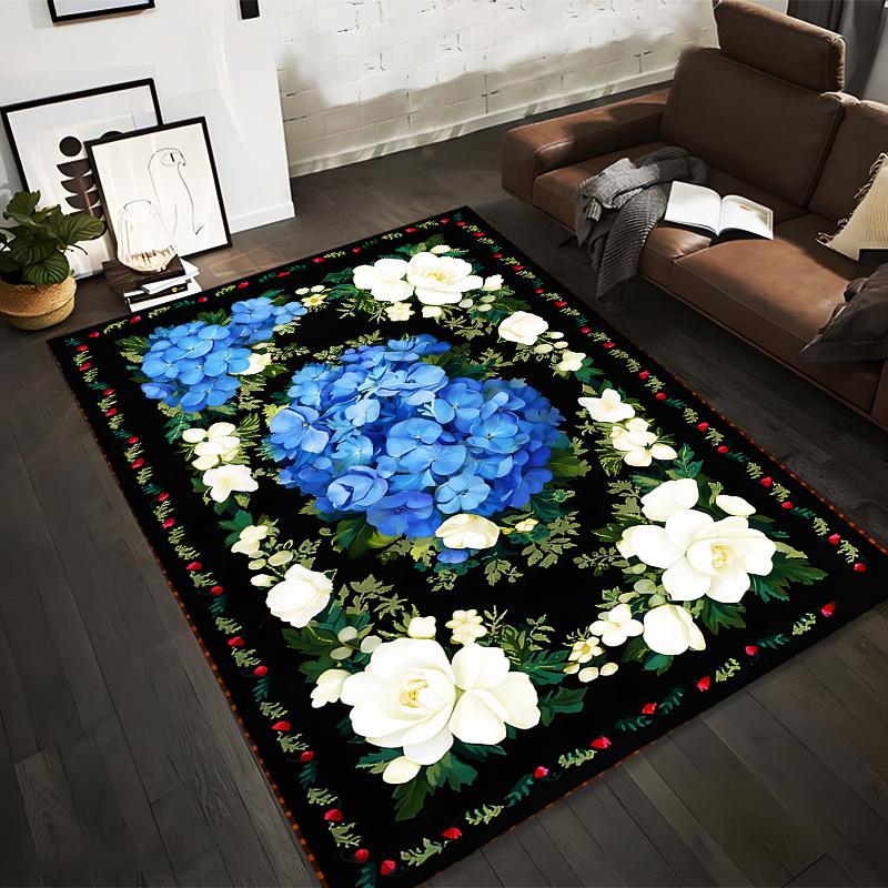 Floral Carpet with Blue Hydrangeas and White Roses on Black Background Suitable for use as an anti-slip for living room bedroom sofas