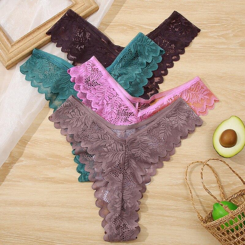 FINTOO 3PCS/Set Sexy V Waist Floral Lace Women Panties Perspective Underwear Thongs Brazilian Briefs Lingerie Comfort Female Underpants