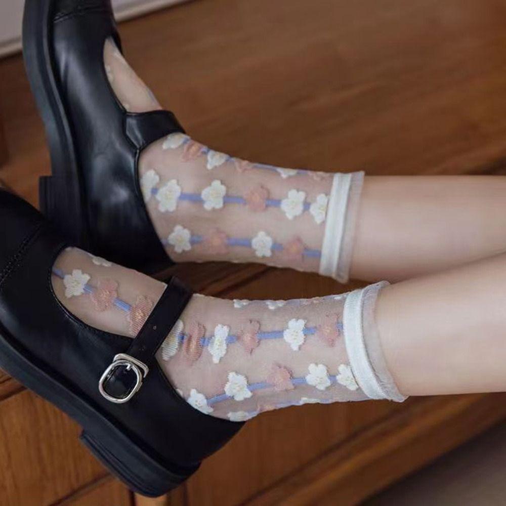 Sweet Floral Print Mid-calf Socks Ultra-Thin Crystal Silk Socks Casual Wear