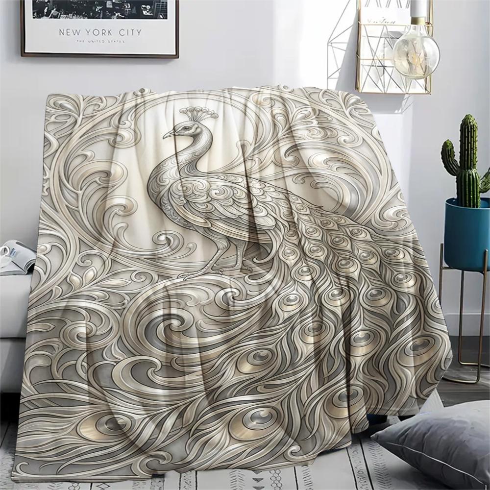 1Pc Peacock Print Flannel Blanket, High quality Comfortable for All Seasons, Home Decor, Warmth and Comfort, Perfect for Christmas Gifts W119