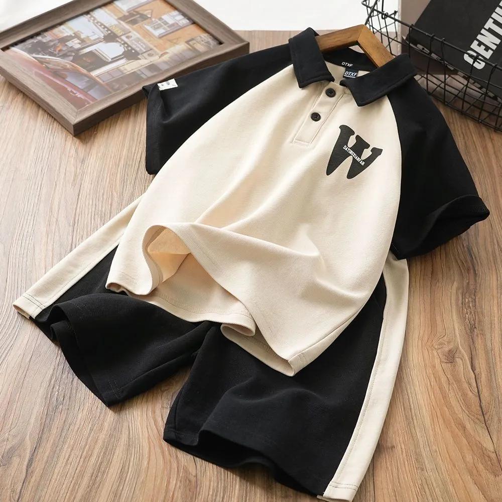 Boys' Summer Suit Color Matching Polo Short-sleeved Suit Casual Middle-aged Children's Lapel Western Style Two-piece Suit