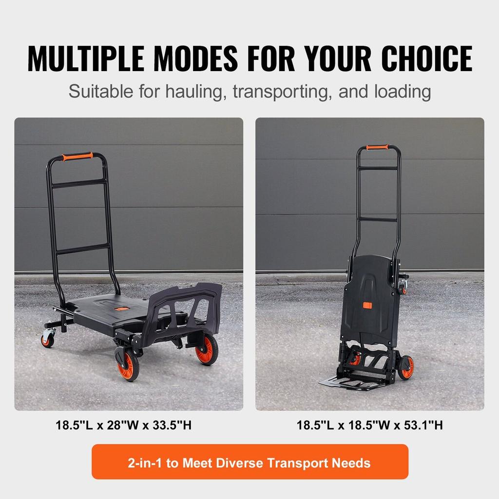 Aluminum Hand Truck, 2 in 1, 300 lbs Load Capacity, Heavy Duty Industrial Convertible Folding Hand Truck and Dolly, Utility Cart Converts from Hand