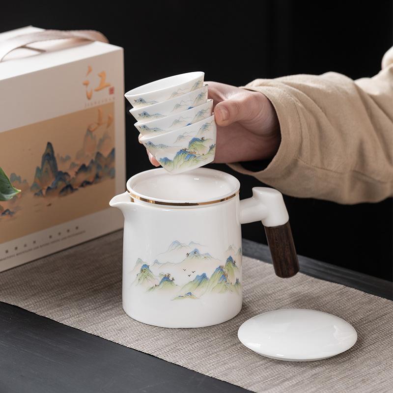 Suet jade tea separation, a pot of four cups, travel tea set, teacup set, business commemorative high-end gift box souvenir