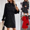 Women Dress Lace-up Bow Faux Pearl A-line Puff Sleeves Pure Color Above Knee Length Mini Dress Prom Party Dating Short Dress