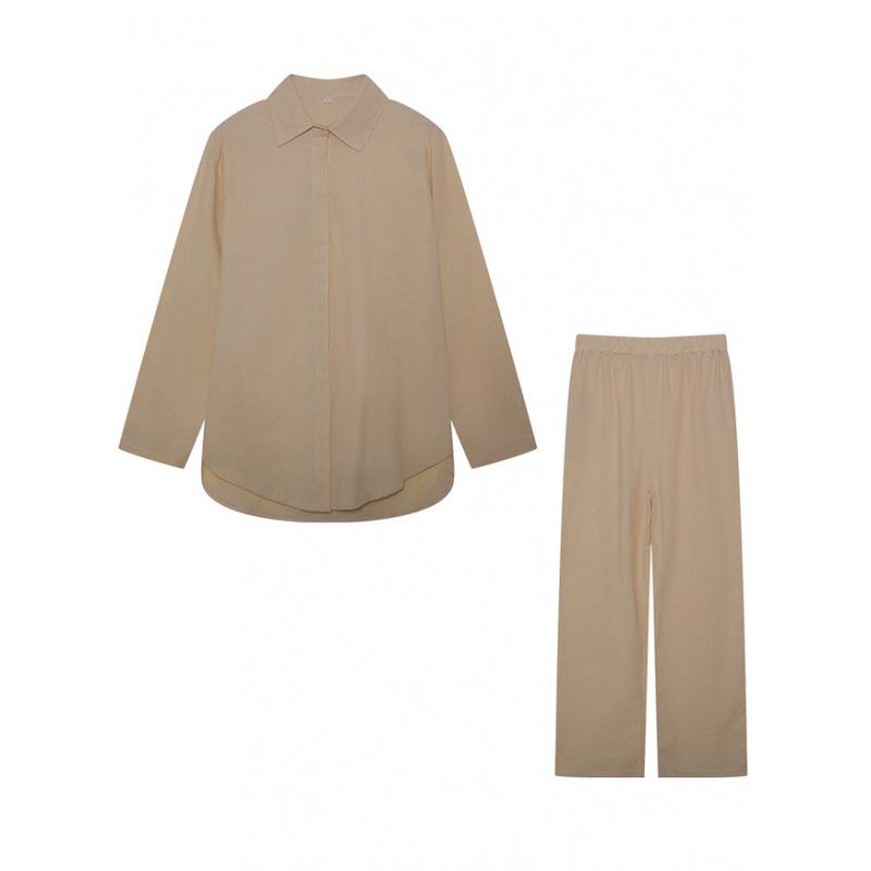 2023 Women's Casual Two-Piece Suit: Lapel Long-Sleeve Shirt & Wide-Leg Pants for Spring & Autumn