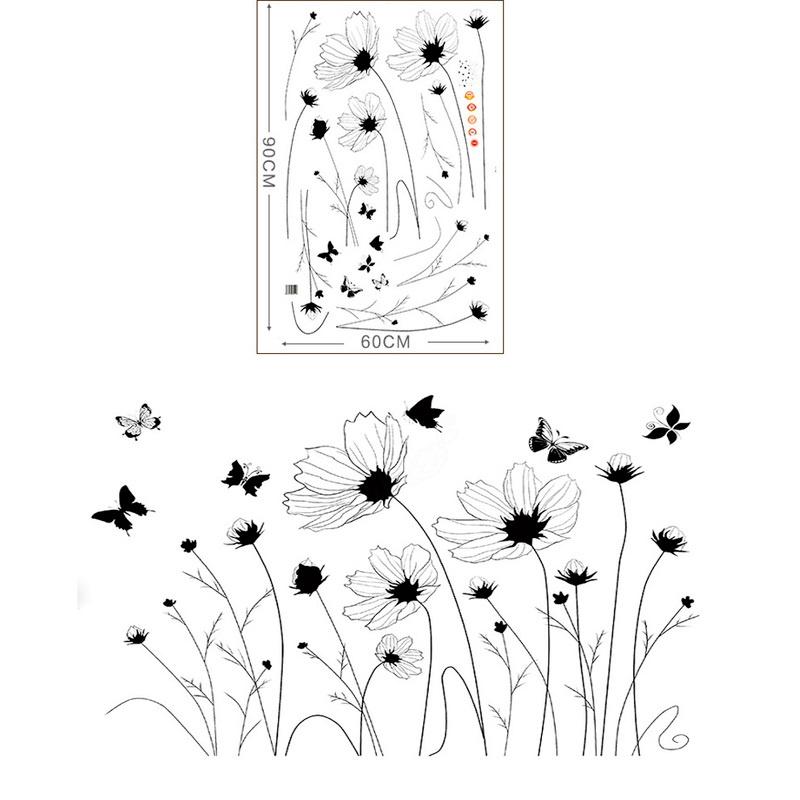 New Black Flowers Butterfly Wall Stickers Living Room Bedroom Headboard Background Wall Mural Flowers Poster Decorative Wallpaper Art