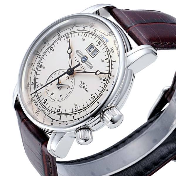Zeppelin 100 Years Special Edition Watch, Silver Dial, Stainless Steel, Quartz, Dual Time, 42.3mm, German, Men's, Brown, 7640-1N [Parallel Import]