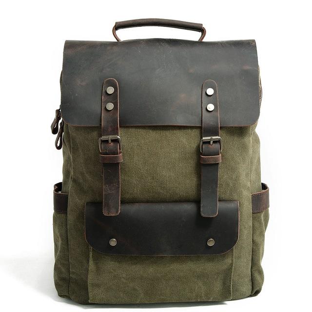 Laptop Men's Backpack Waxed Canvas Backpack Vintage Canvas Backpack Leather School Bag Neutral Portable Wearproof Travel Bag