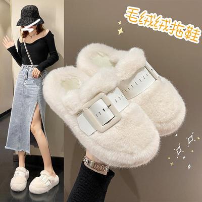 Женские пушистые тапочки на каблуке 2025: Мягкая, Нескользящая, на Толстой Подошве Осенне-Зимняя Домашняя и Уличная Обувь.