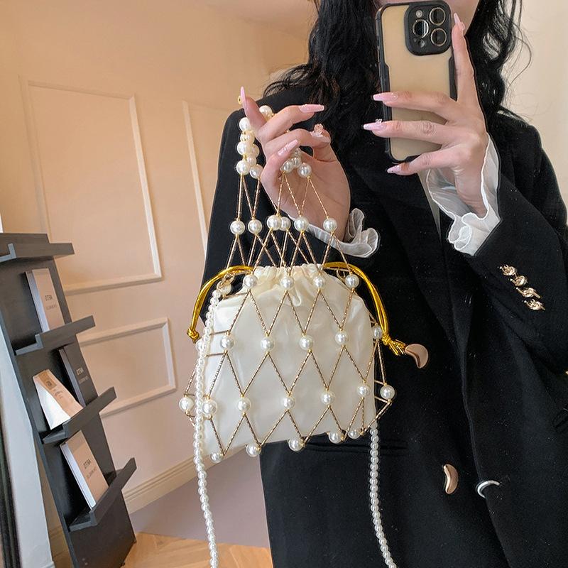 Персонализированная жемчужная вязаная ажурная сумка, женская портативная сумка-ведро в виде рыболовной сети, темпераментная универсальная сумка через плечо