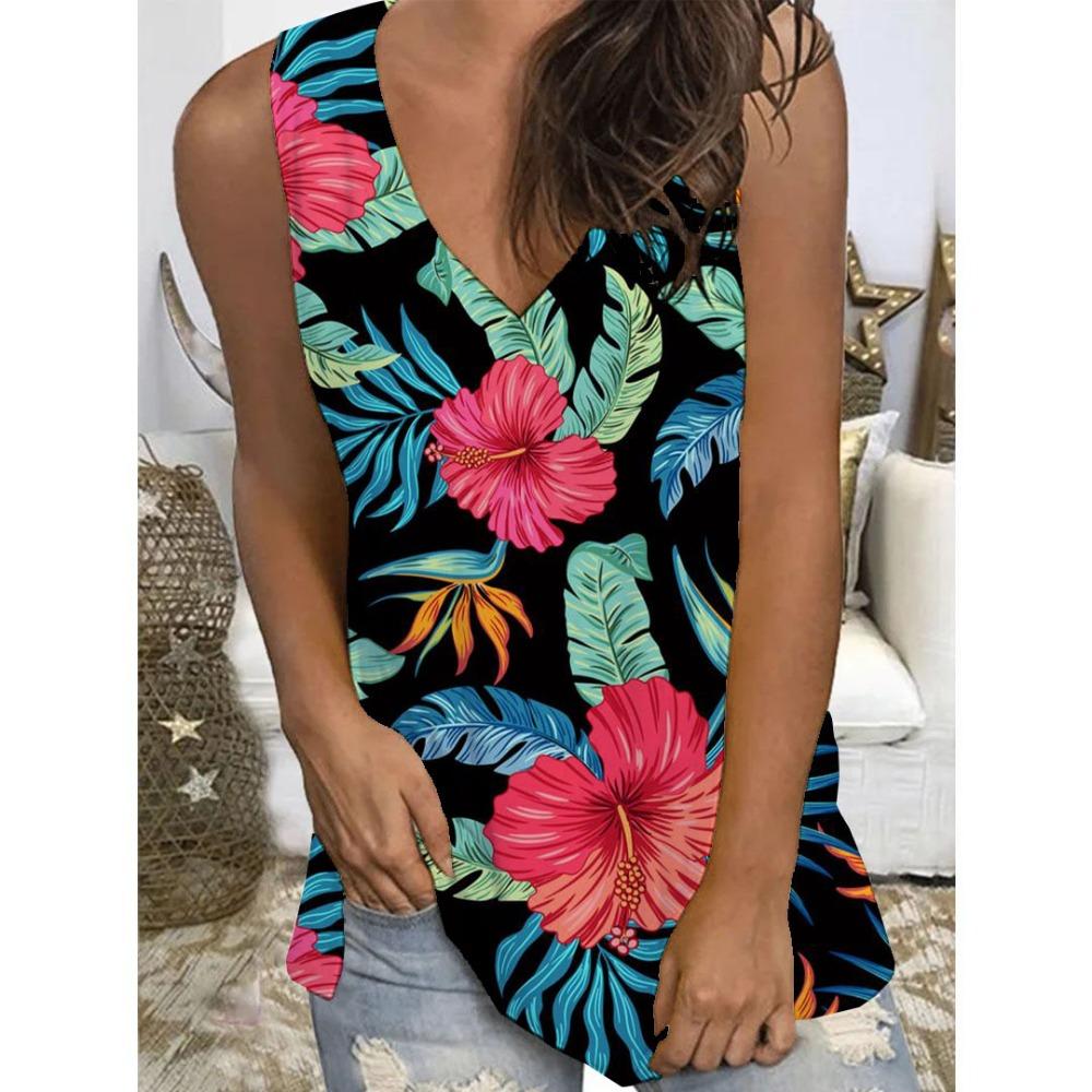 Colorful Flower Floral Tropical 3D Print Tank Top Women V-Neck Sleeveless Camisoles Off Shoulder Vest Y2k Tops Woman Clothing