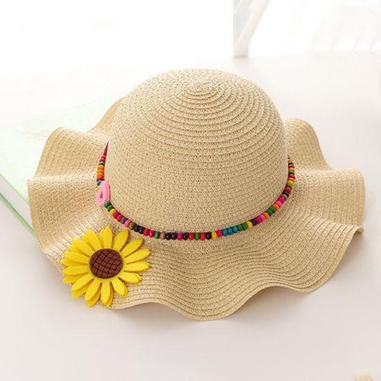 Шляпа от солнца для мальчиков и девочек, солнцезащитный дизайн, дышащая пляжная шляпа, волнистые поля, желтые цветы, бусины, плетеная соломенная шляпа