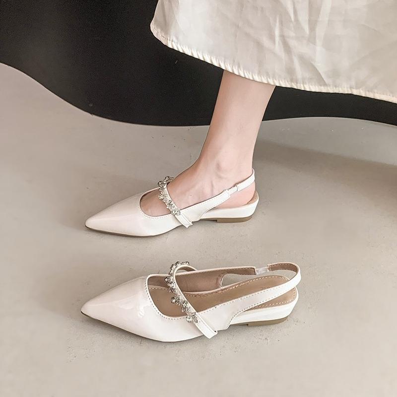 Fashion Elegant Patent Leather Low Heel Sandals for Women Shiny Crystal Pointed Toe Party Dress Shoes Size Comfort Slingback Sandals