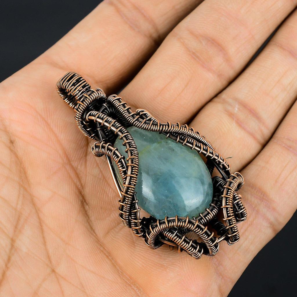 Aquamarine 999 Copper Wire Wrapped Pendant, Handmade Gemstone Pendant Jewelry, Gifts For Wife Brand New Pendant