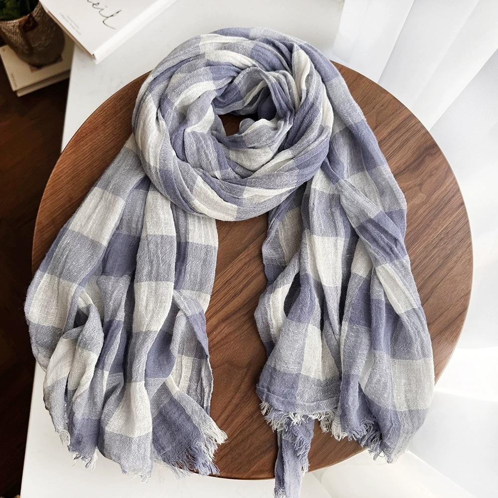 Japanese Literary Linen Scarf Classical Plaid Cotton and Linen Blend Scarf for Men and Women Neutral Unisex Retro Warm Scarves