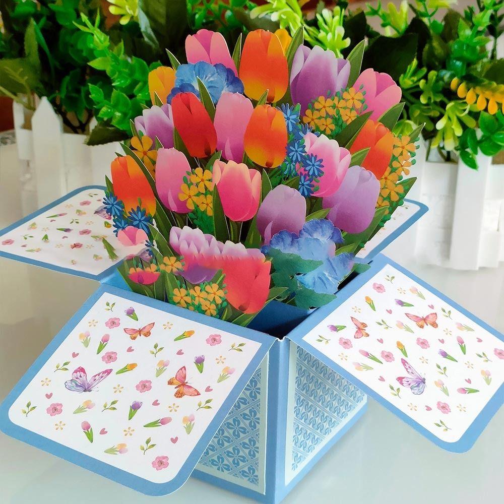 Greeting Card 3D Pops-up Bouquet Rose/Lily/Sunflower/Tulip Paper Flowers Daisy/Carnation