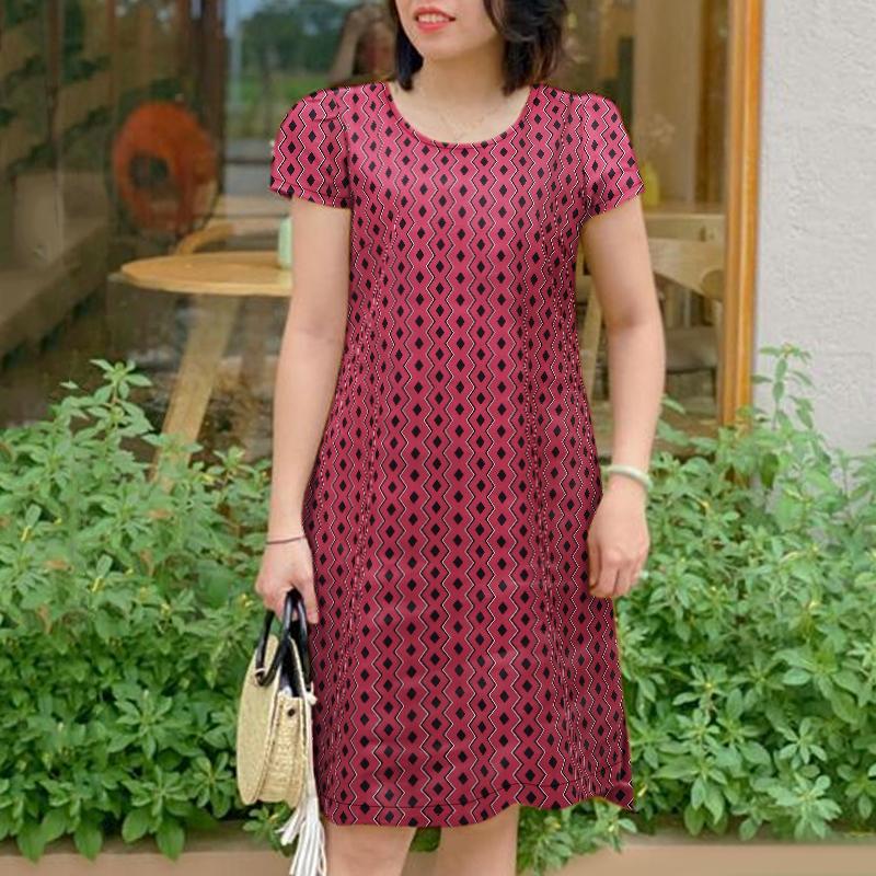 ZANZEA Женское повседневное платье с круглым вырезом и коротким рукавом в стиле ретро с принтом