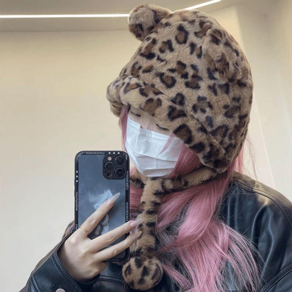 Korean Style Plush Bear Hat Leopard Print Ear Protection Hat Warm Cartoon Fleece Hat  Girls