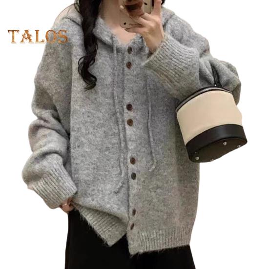 Женский свитер, пальто с капюшоном, завязками, длинными рукавами, однотонное трикотажное пальто с застежкой на пуговицы, повседневная вязаная верхняя одежда