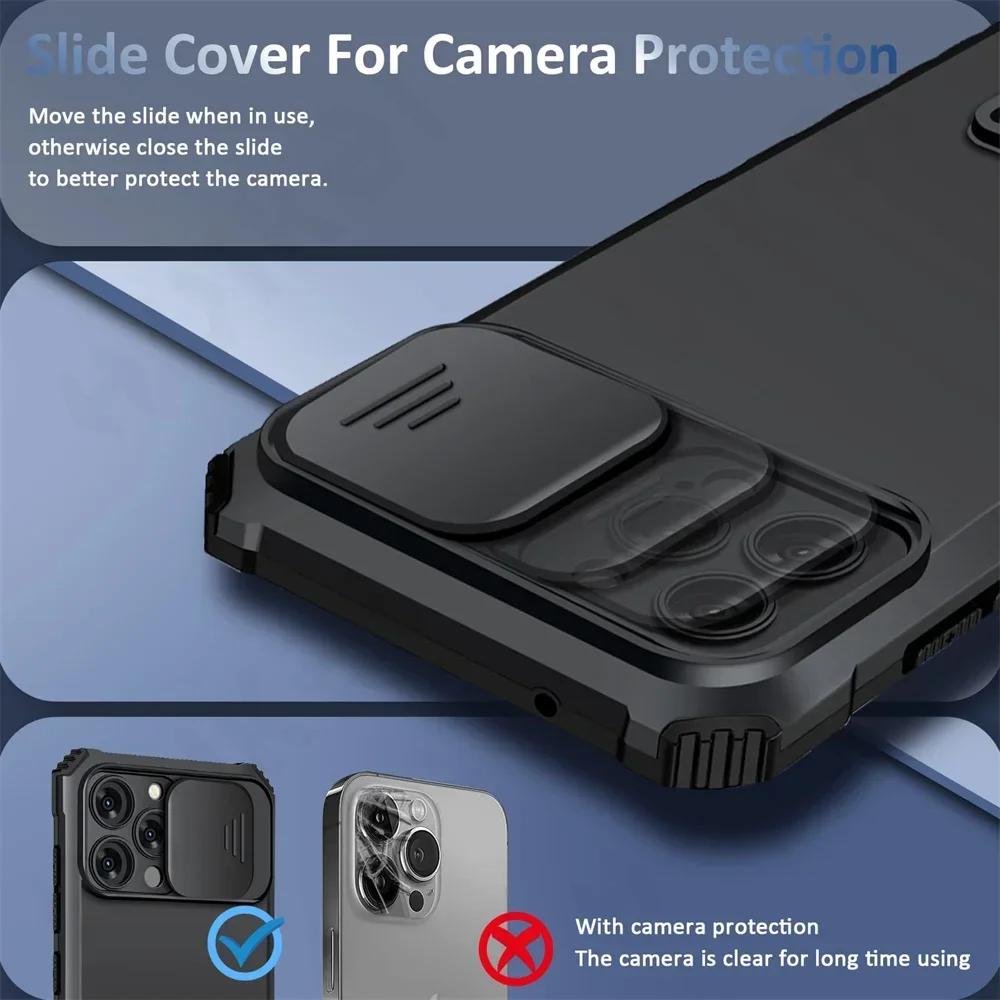 Бронированный противоударный чехол для iPhone 17 16 15 14 13 12 11 Pro Max Plus Сдвижная защита камеры Магнитная подставка-держатель Чехол для телефона