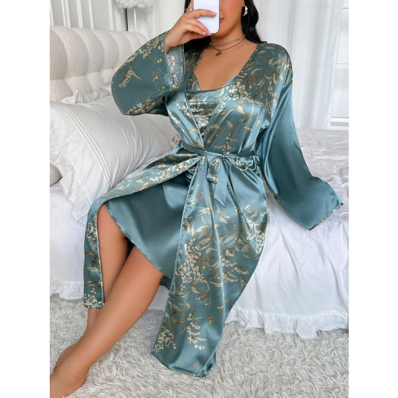 Халат большого размера с женственным принтом из ткани под шелк, Сатиновый шелковый домашний халат-платье