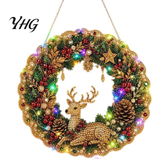 Sparkling Gemstone Art Project DIY Acrylic Christmas Faux Pearl Hanging Kit, Lighted Wreath 3D Beaded Craft Bead Mosaic Kit with LED String