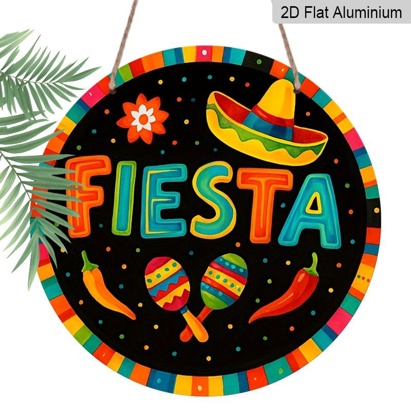Плоский 2D, 1 шт. Круглая алюминиевая подвесная табличка 'Fiesta', Разноцветный дизайн с сомбреро, маракасами, перцем чили, Яркий металлический настенный декор к Cinco De Mayo