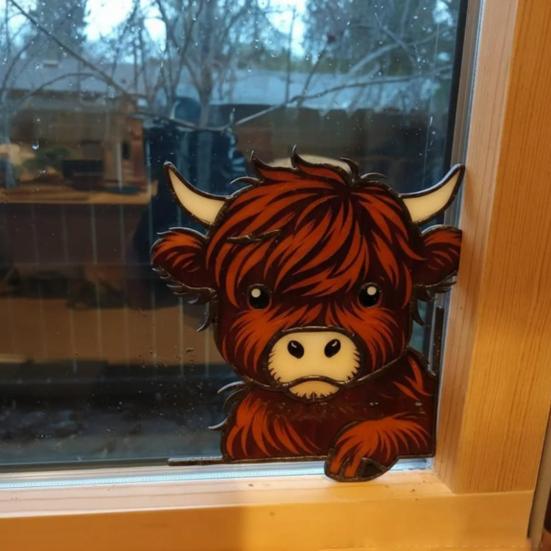 Highland Cow Window Corner Decoration 3D Printed Peeping Highland Cattle Home Office Living Room Door Window Frame Ornament