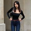 Сексуальная облегающая футболка с квадратным воротником, женская, с длинным рукавом, однотонный базовый топ, весна-осень, низкий вырез, простой пуловер