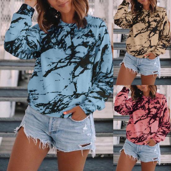 Женская футболка свободного кроя с длинным рукавом и принтом тай-дай с круглым вырезом